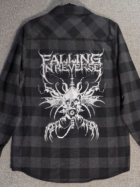 Falling In Reverse Flannel Shirt Mens XL Black Grey Plaid Skull Back Print Merch